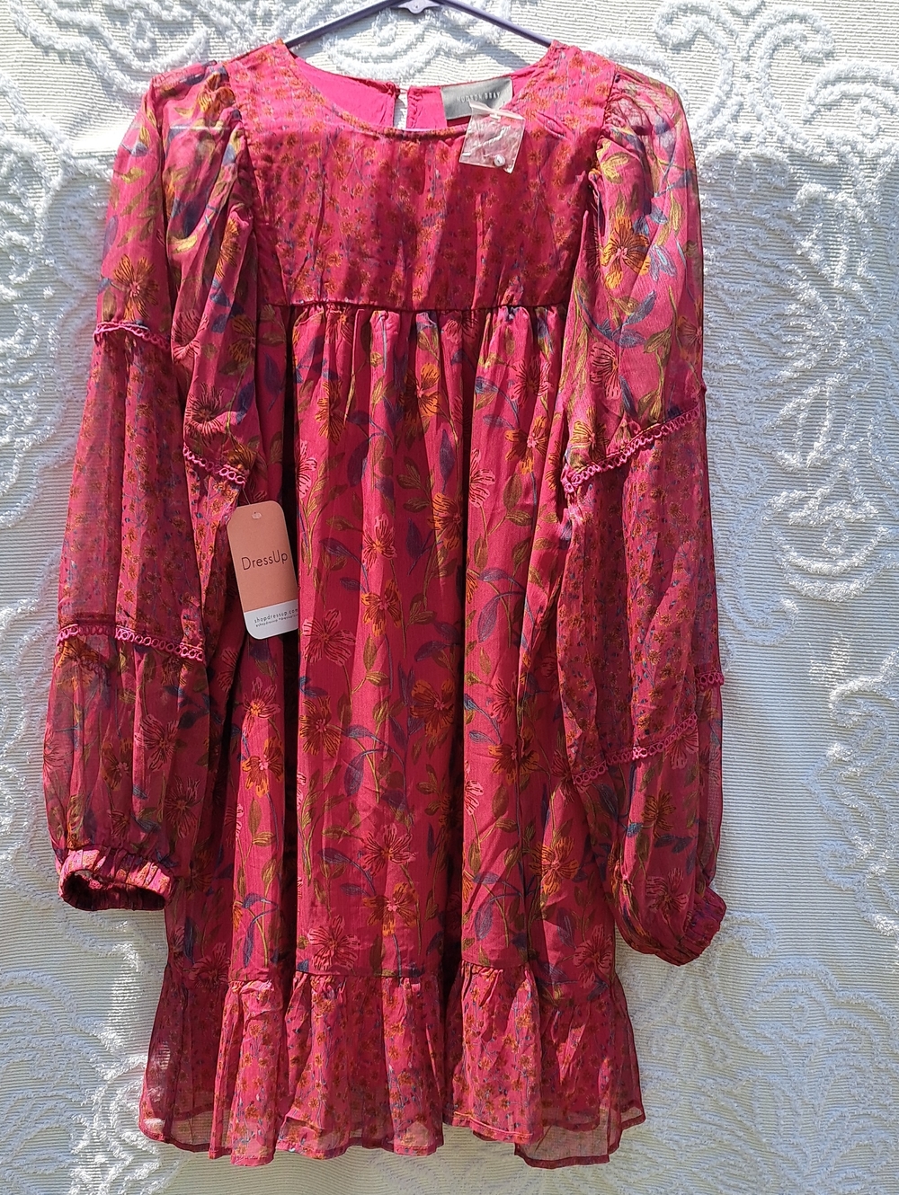 NWT Hudson Gray DressUp Women's Magenta Floral Sheer Sleeve Mini Dress M